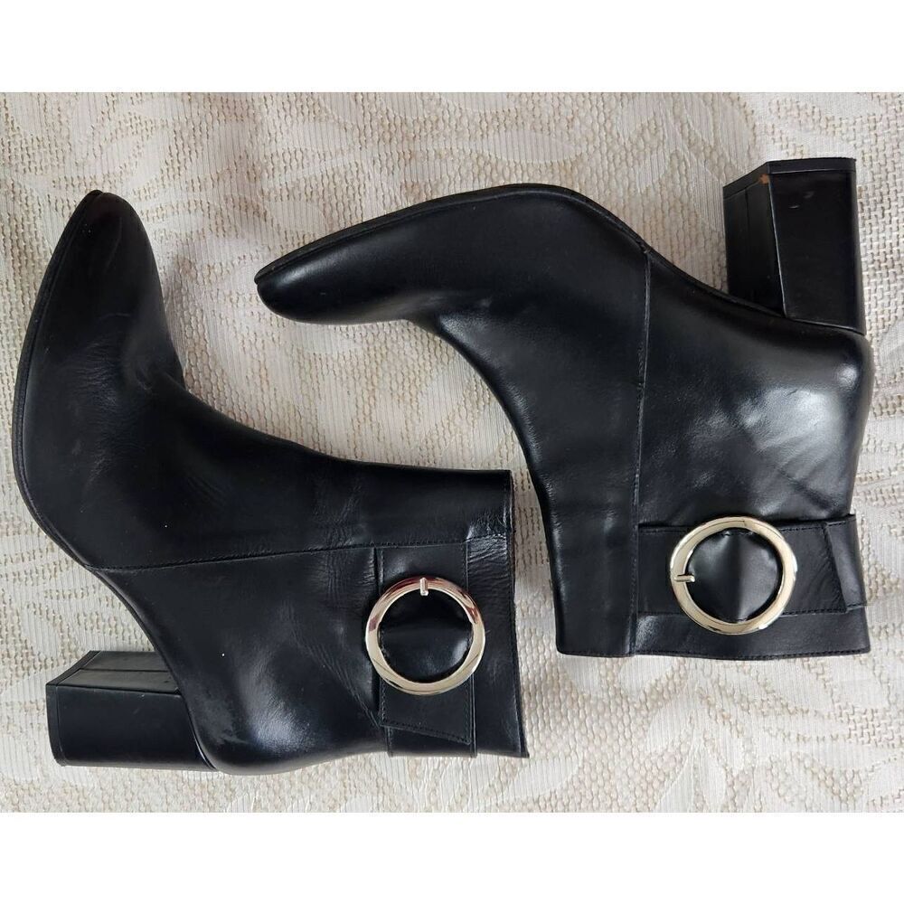 Marroqui Sanchez black leather ankle boots zip up deco silver buckle 31/2" heel